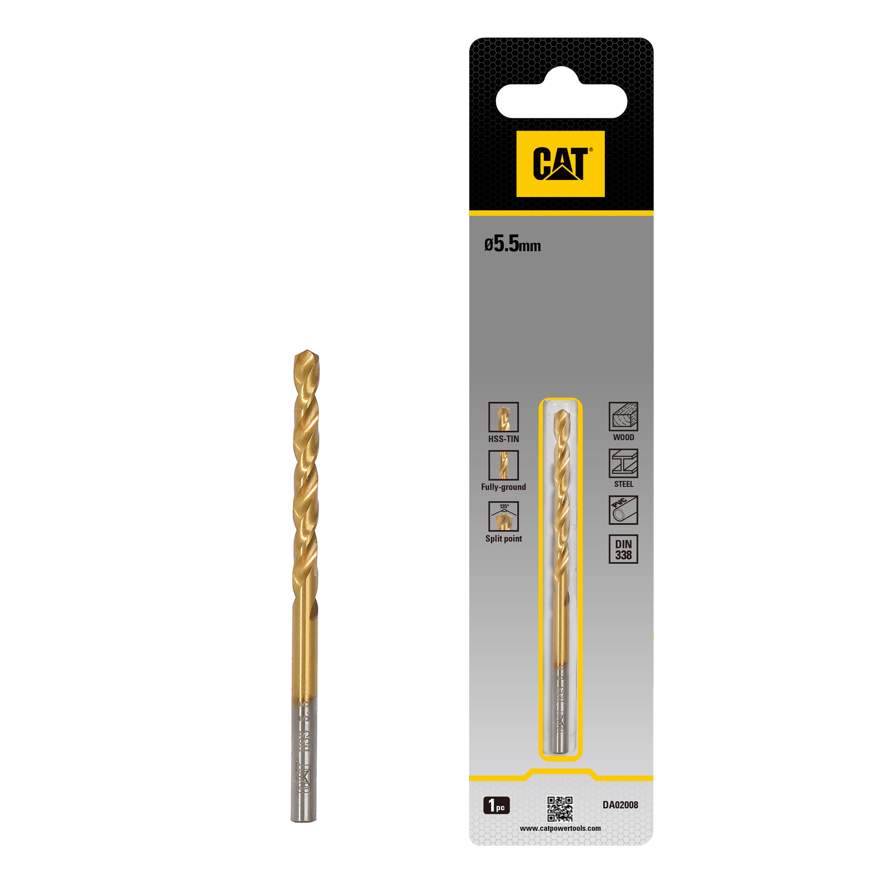CAT DA02008 HSS Drill bit 5.5mm x 93mm Pack1 WOOD , STEEL , PVC , DIN338