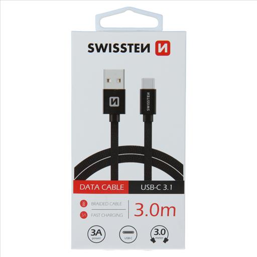 SWISSTEN BRAIDED USB TYPE-C 3M 3A BLK