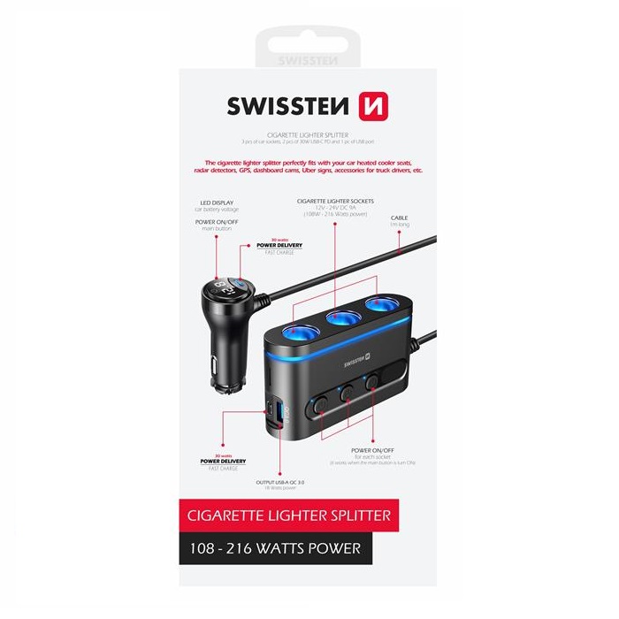 SWISSTEN CAR CHARGER SPLITTER USB-C 30W , USB-A 18W , CIGARET LIGHTER SOCKET X 3 108-216 W