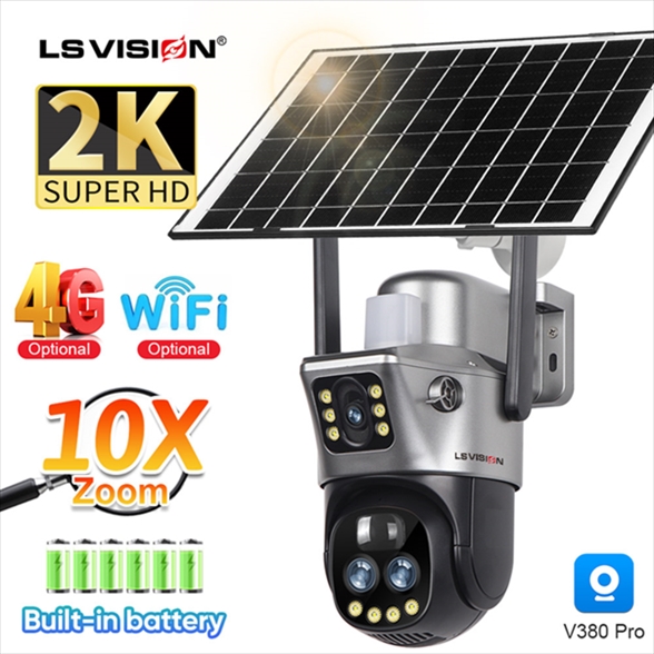 LS VISION V380 LS-CS3U-4G-10X 2K 4G Three-lens PTZ Solar Outdoor Camera BLACK