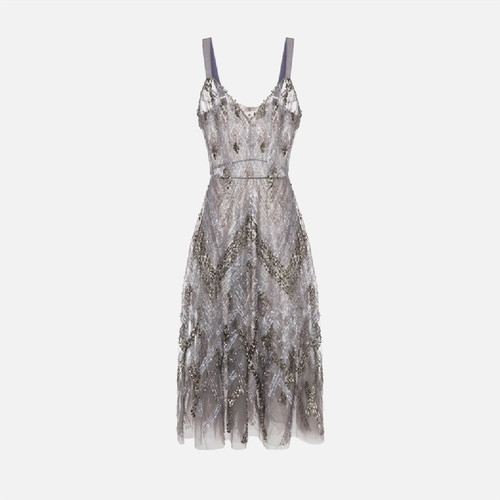 ELISABETTA FRANCHI, Tulle midi dress with chevron pattern sequin embroidery