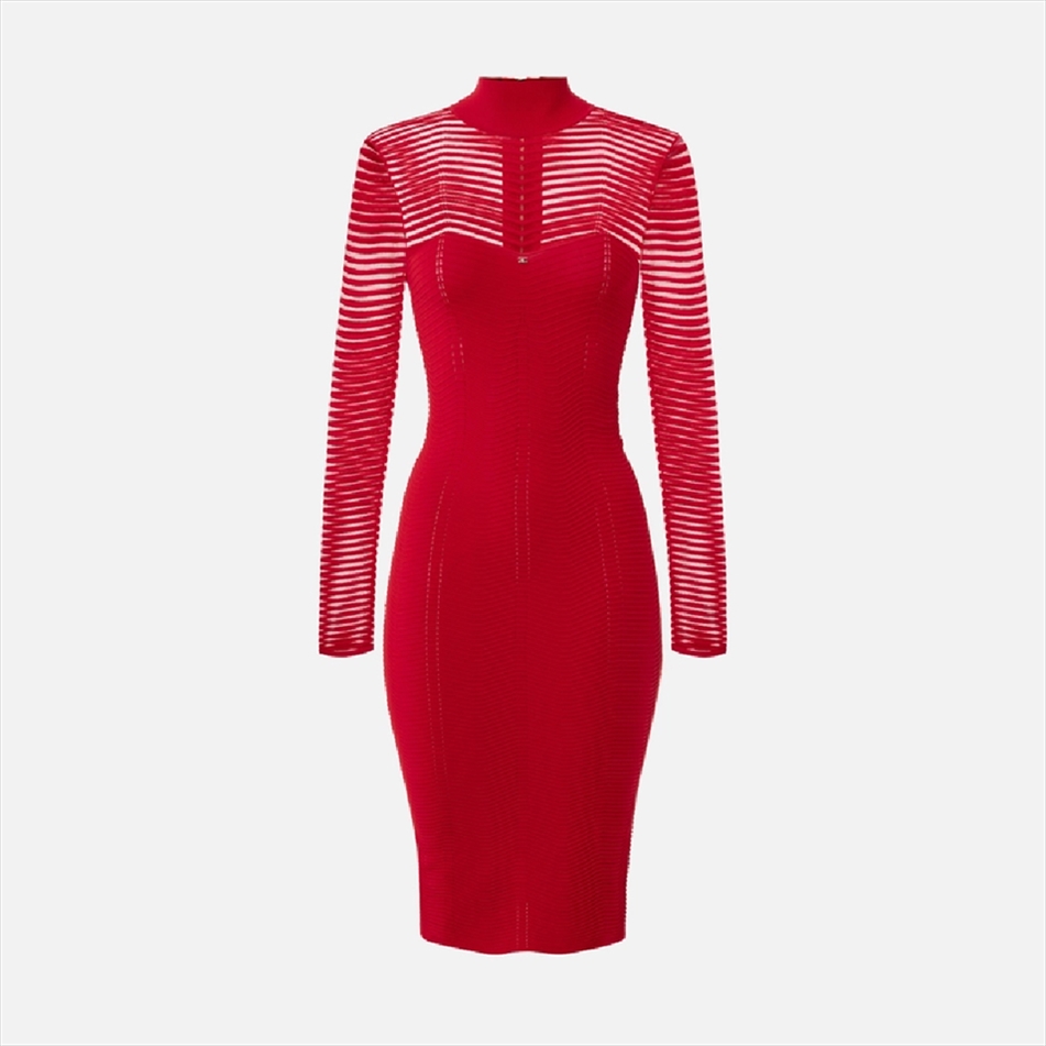 ELISABETTA FRANCHI, Viscose midi dress with herringbone pattern