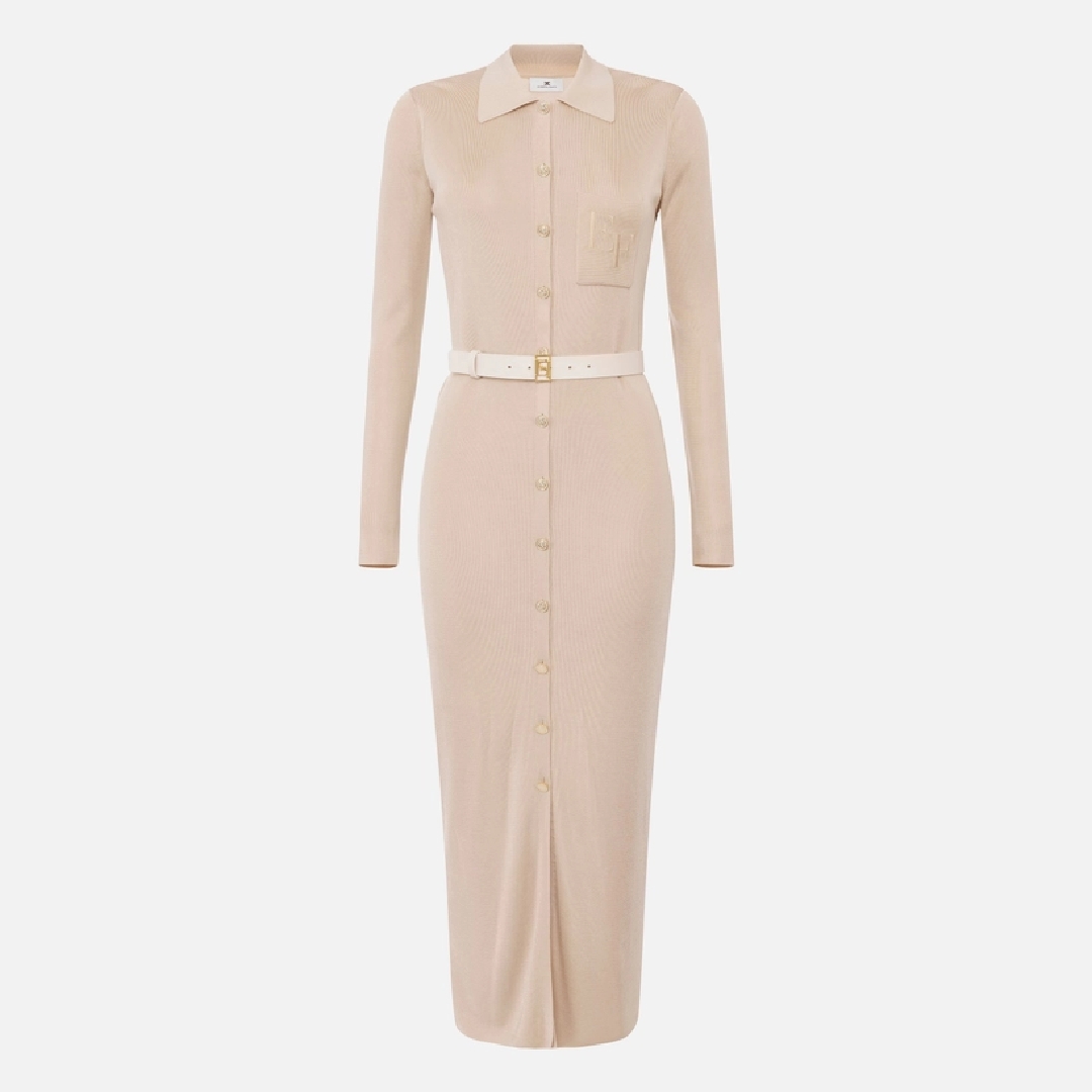 ELISABETTA FRANCHI, Long dress in shiny viscose fabric with logo embroidery and belt