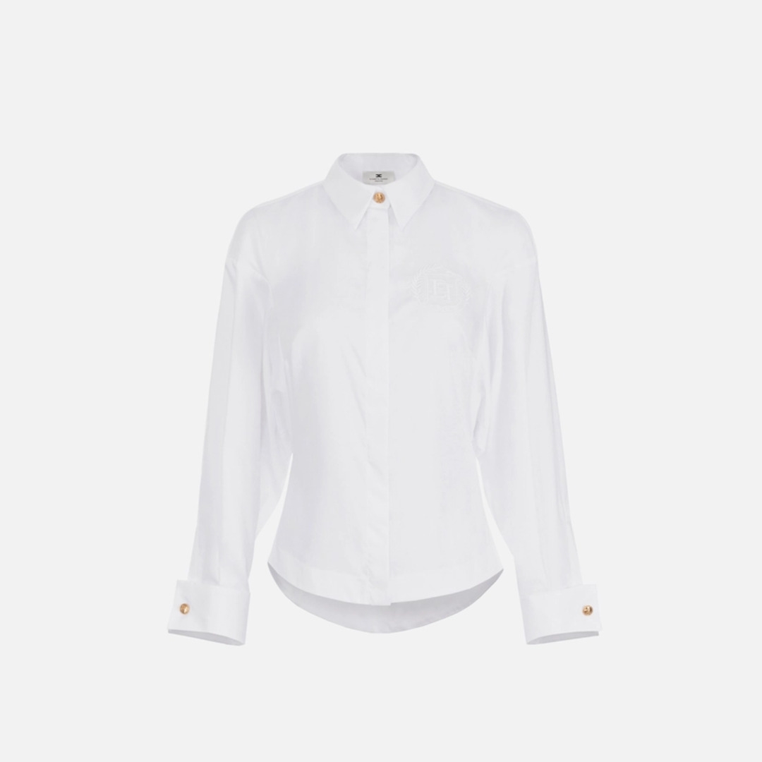 ELISABETTA FRANCHI, Cotton poplin shirt with gathers and logo emblem