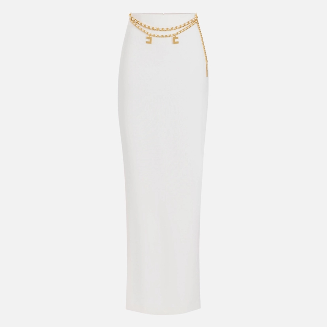 ELISABETTA FRANCHI, Long skirt in lightweight crêpe fabric with chain