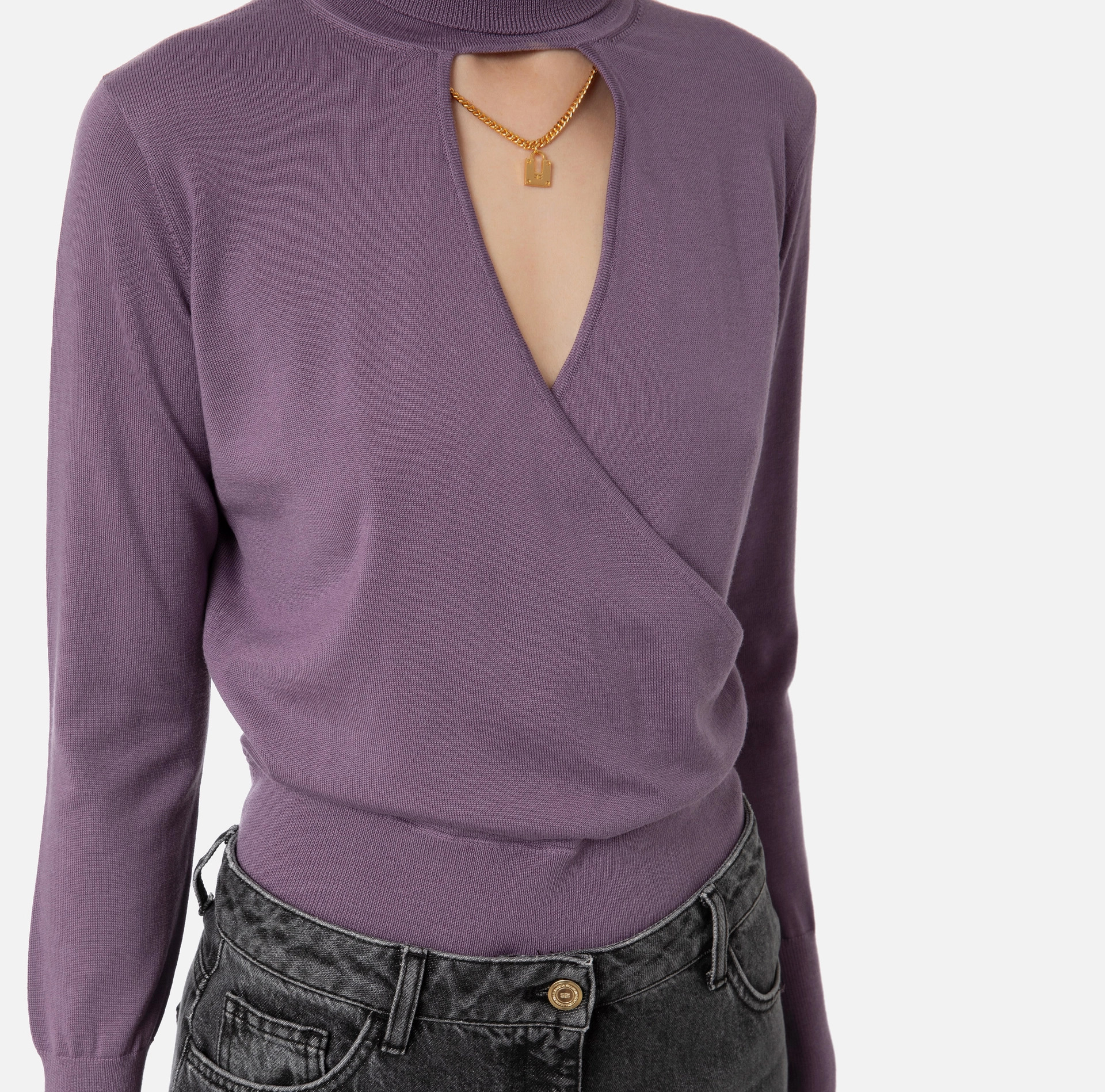 ELISABETTA FRANCHI, Wool Roll Neck Top With Cut-Out - Elma and Fred