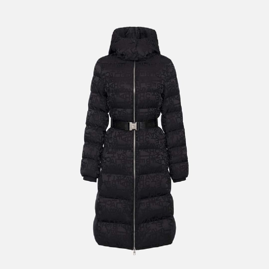 ELISABETTA FRANCHI, Long down jacket in nylon jacquard with lettering