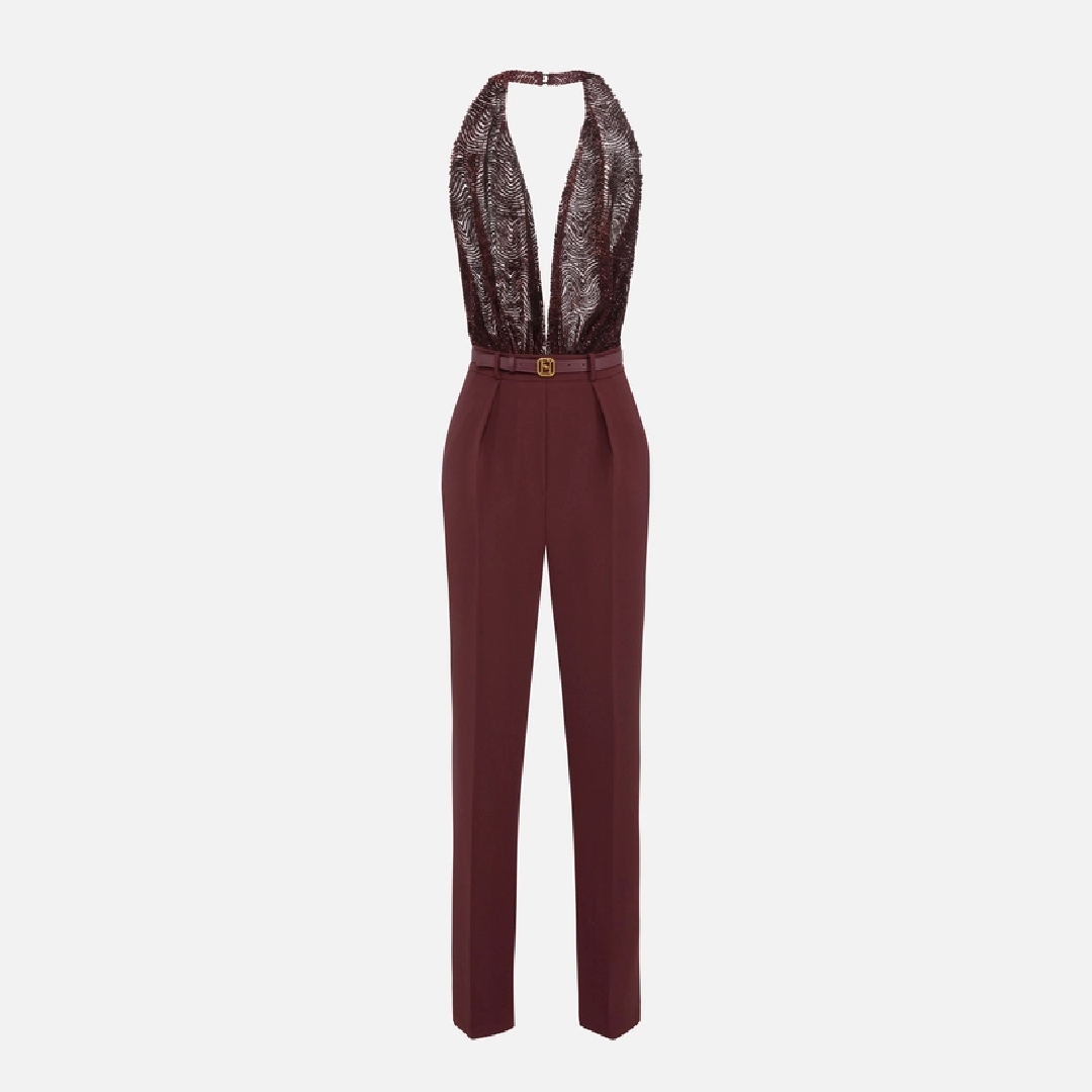 ELISABETTA FRANCHI, Jumpsuit in crêpe and tulle fabric embroidered with sequins