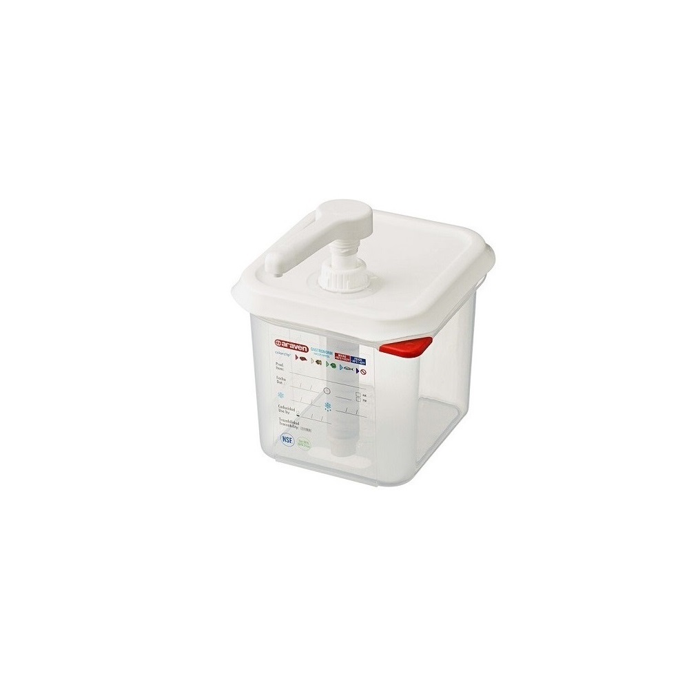 ARAVEN – PP GN CONTAINER 1/6 x 200 MM WITH SAUCE PUMP / 2.6 L