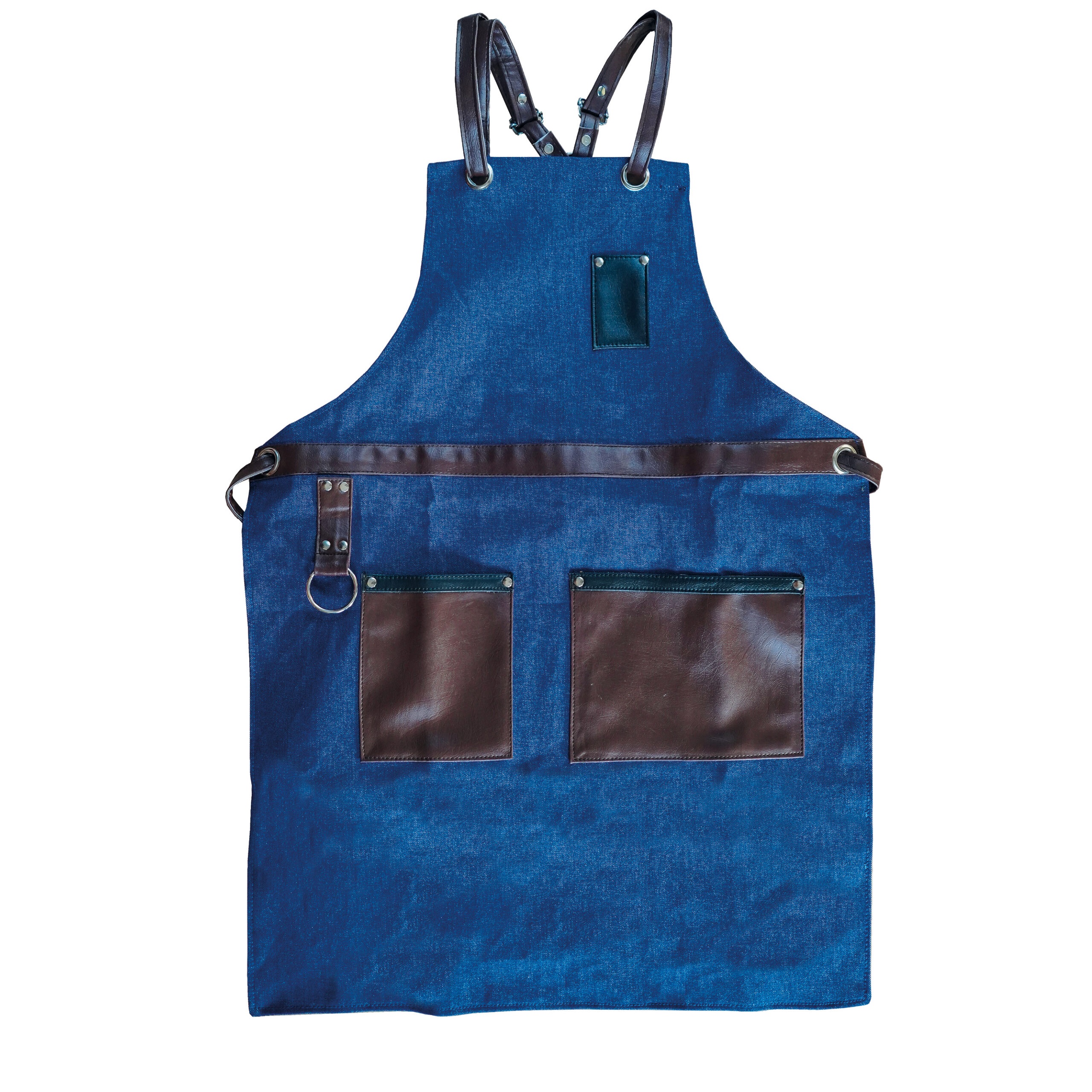 NOV – PROFESSIONAL BAR APRON COTTON BLUE JEAN COLOUR WITH BLACK LEATHER DETAILS