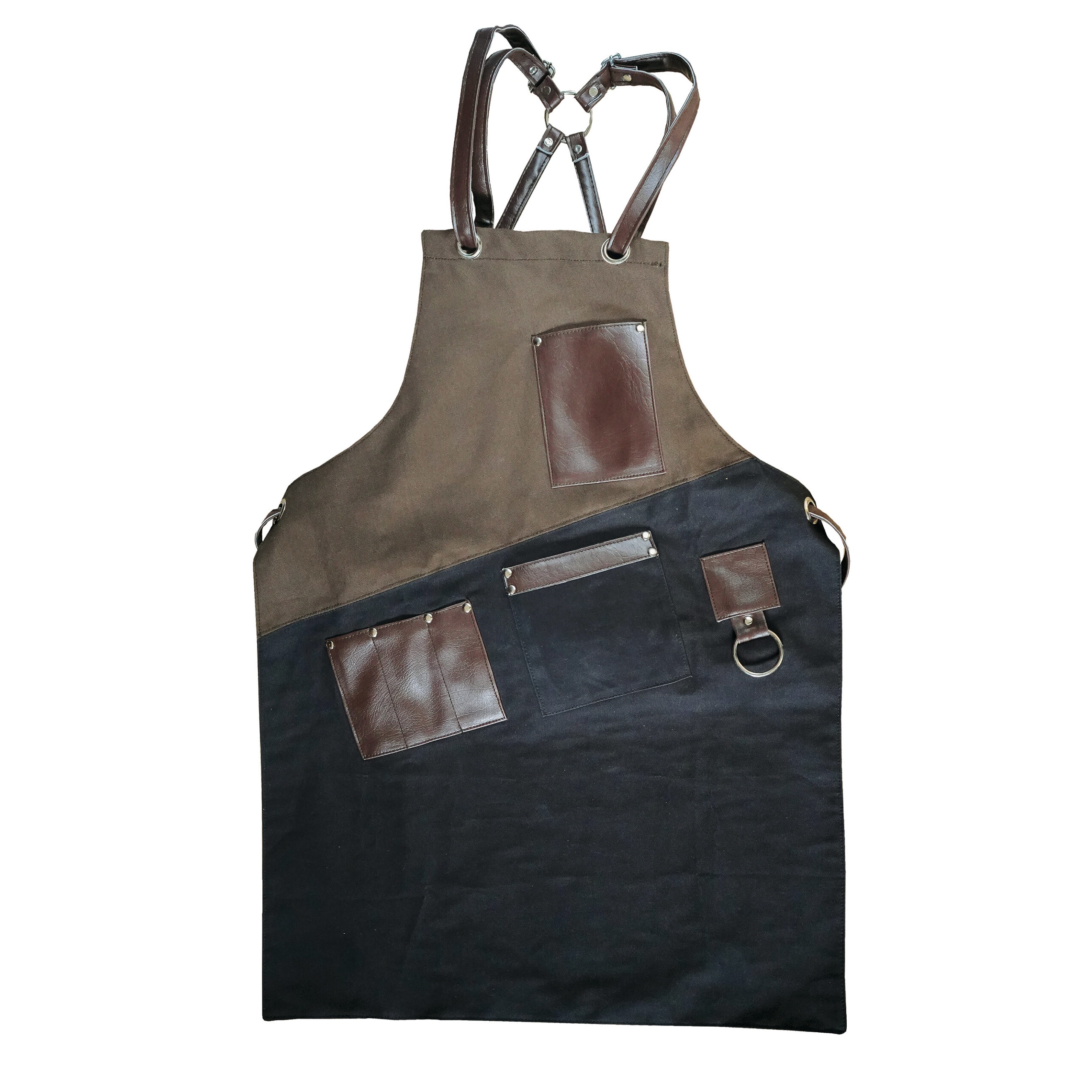 NOV – PROFESSIONAL BAR APRON COTTON BLACK / BROWN WITH BROWN LEATHER DETAILS