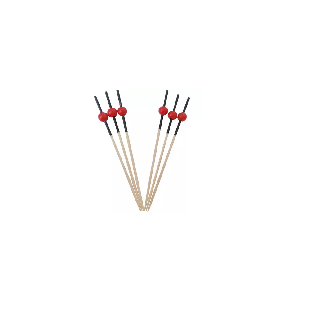 COCKTAIL SKEWER WITH BLACK EDGE AND RED BEAD 7.5 CM – PACK OF 100