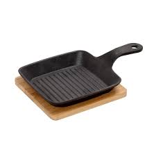 ESPIEL – CAST IRON SQUARE GRILL SKILLET 16 x 16 CM WITH WOODEN BOARD