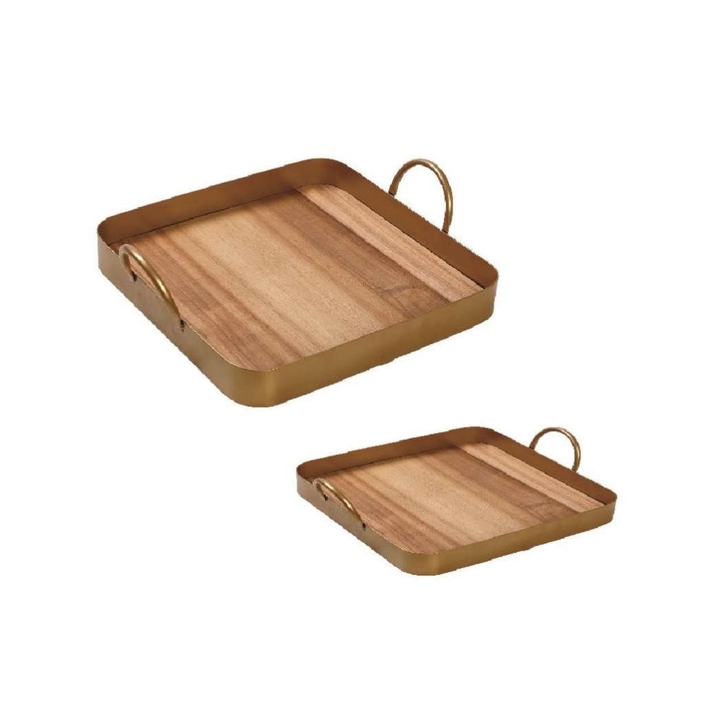 ESPIEL – SET OF 2 SQUARE METAL TRAYS WITH WOODEN BASE 36.5x34x9.5 CM