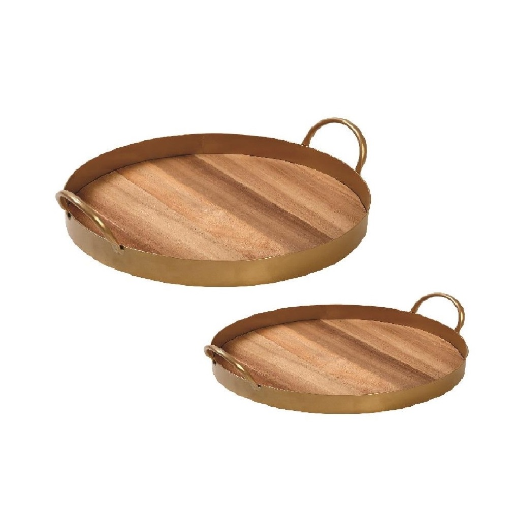 ESPIEL – SET OF 2 ROUND METAL TRAYS WITH WOODEN BASE 36.5x33x9.5 CM