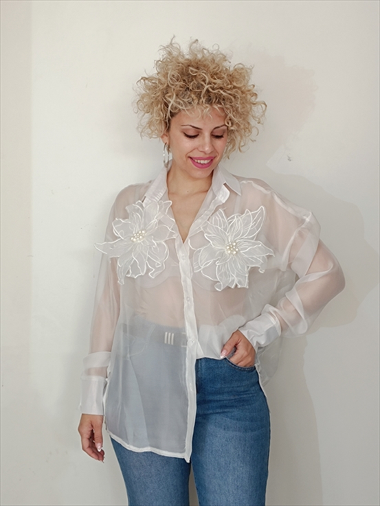 SHIRT TIMIAMI 24/24 MONOC. SEE THROUGH WITH DECORATIVE FLOWERS AND PEARLS