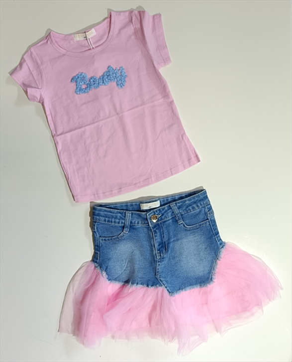 SET 2PCS KARINO KIDS 24/24 MONOC. WITH BOUTY PRINT AND JEANS SKIRT WITH TULLE GIRL