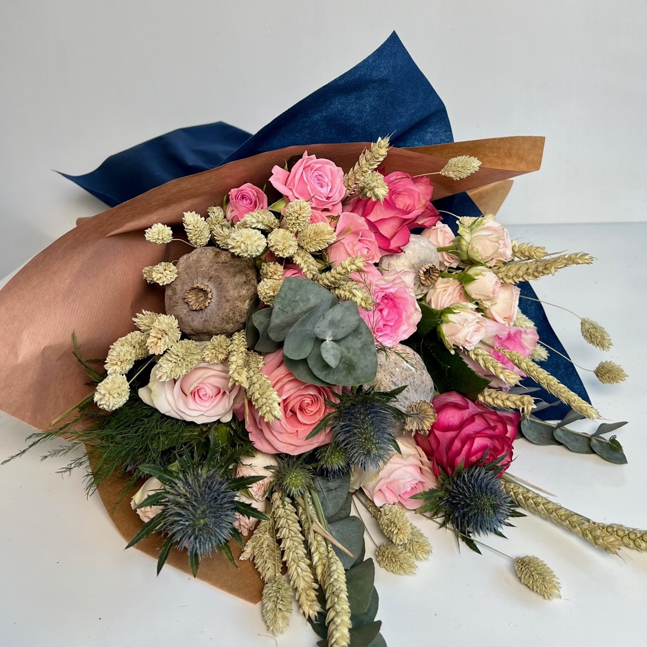 BOHO COMPO OF PINK ROSES MINI ROSES ERINGIUM AND DRY FLOWERS