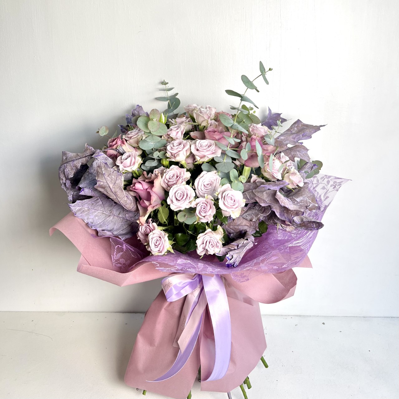 HUGE PURPLE COMBINATION OF MINI ROSES ROSES AND GREENERY