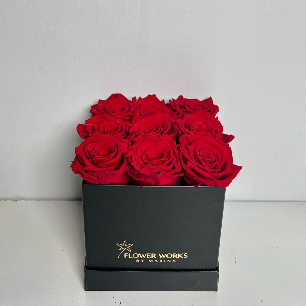 9 RED FOREVER ROSES IN A BLACK SQUARE BOX - Flower Works by Marina