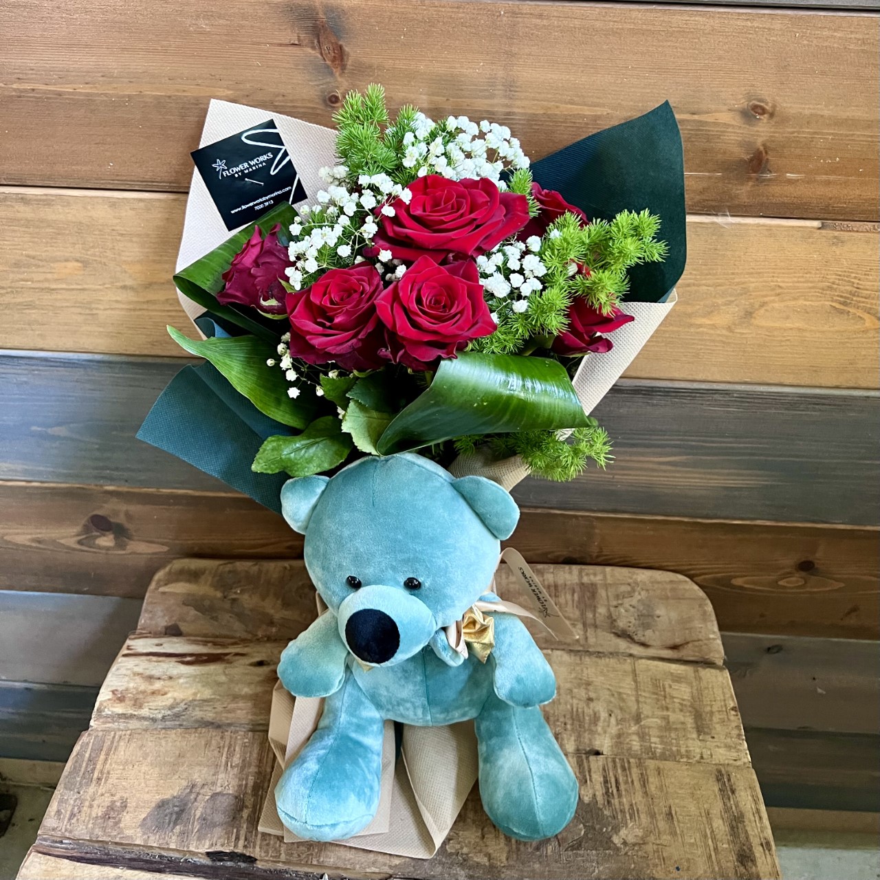 RED ROSES BOUQUET AND A VELVET TEDDY - Flower Works by Marina