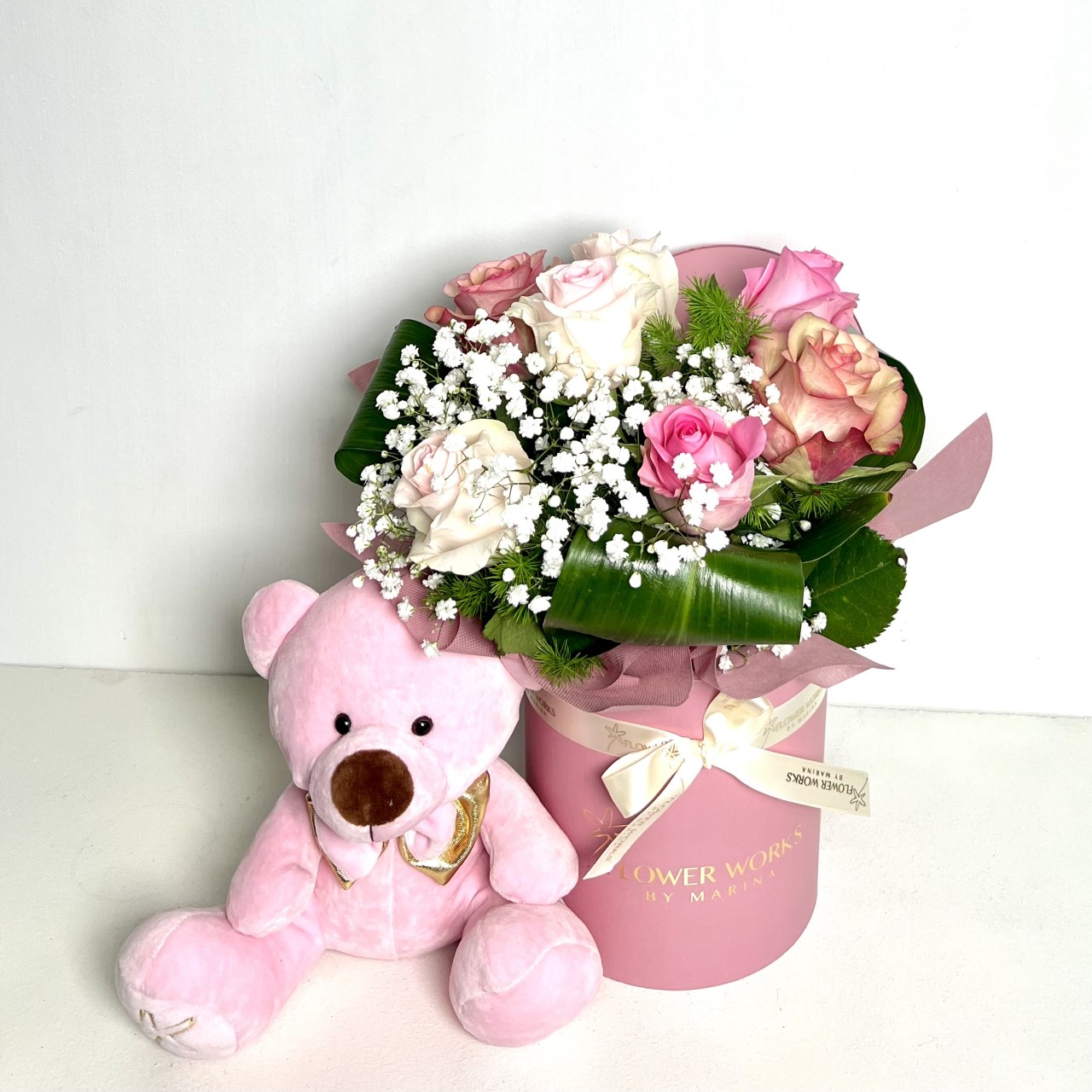 PINK COMBINATION OF ROSES AND GYPSOPHYLA IN A BOX AND A VELVET TEDDY ...